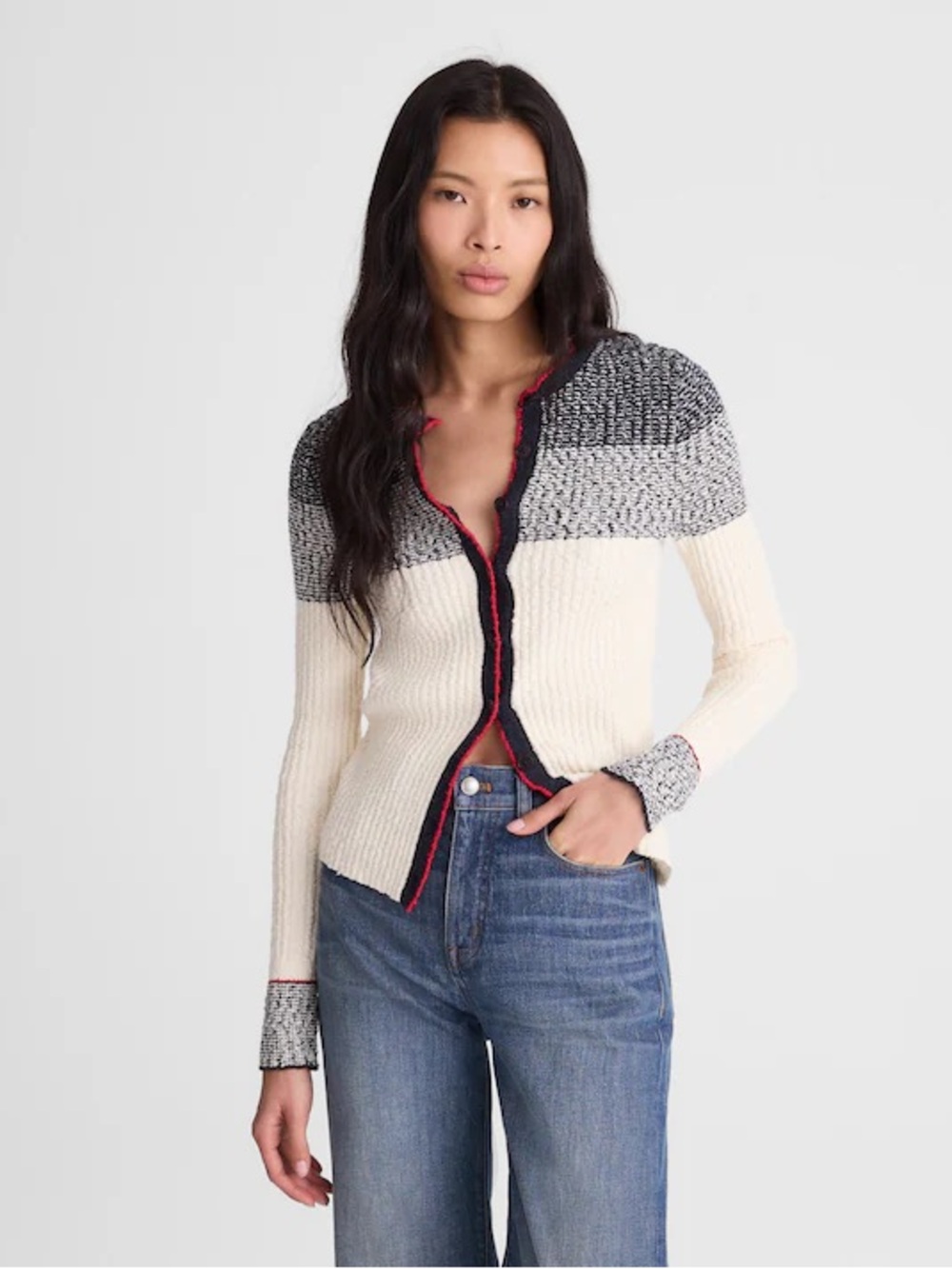 Madewell Striped Bouclé-Knit Cardigan Ivory And Navy Multi Stripe medium NEW